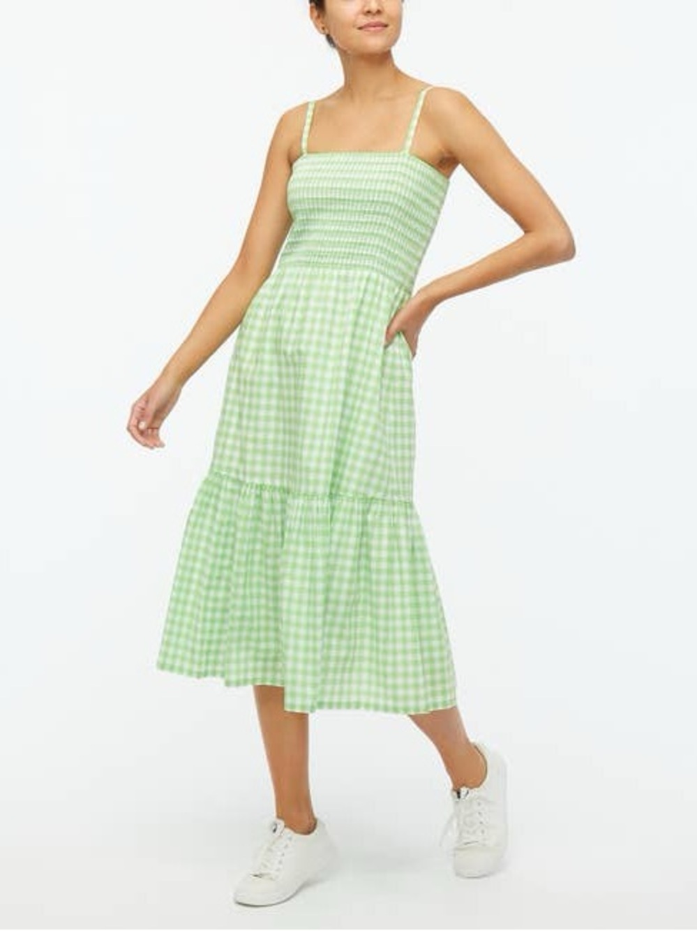 J. Crew Light Green Gingham Smocked Midi Dress
